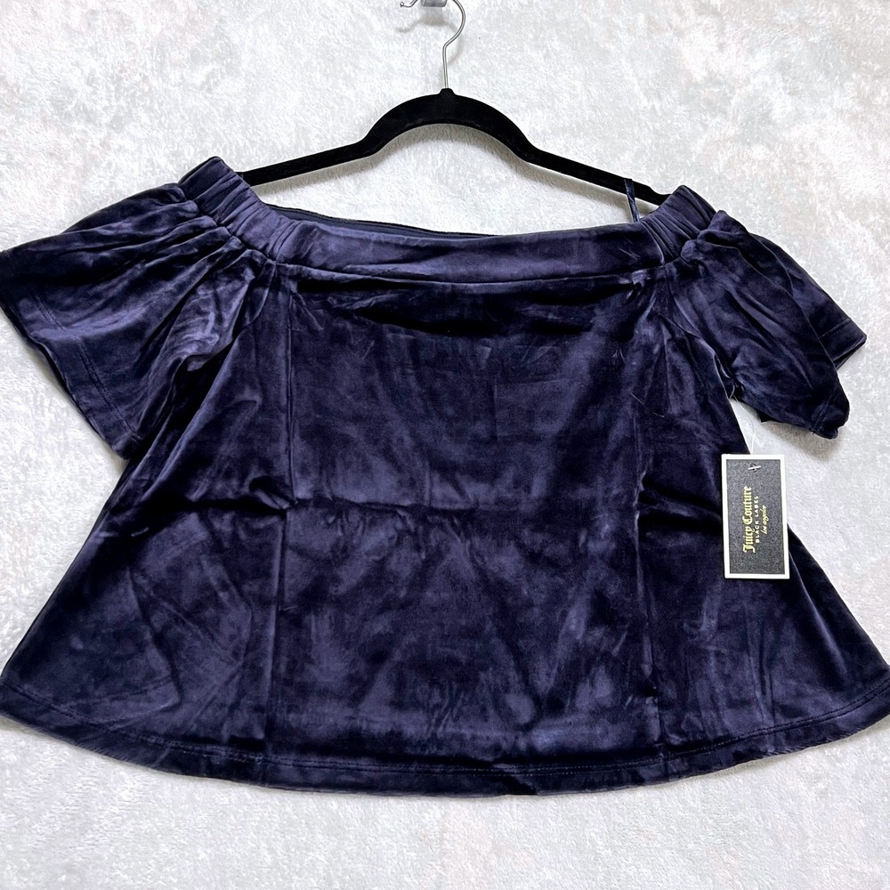 Juicy Couture Black Label Velour Off The Shoulder Navy Blue Top Womens XS NEW